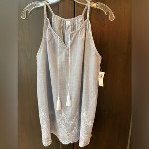 NWT Old Navy embroidered striped blue/white sleeveless top with tassels sz M